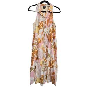 Nicole Miller Linen Blend Midi Dress Size S Floral Button-Up Sleeveless Collared